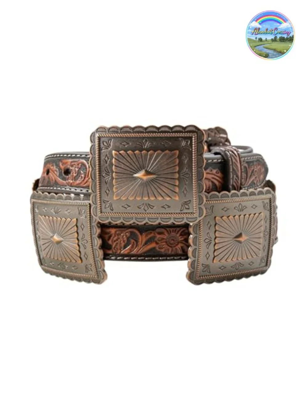 Leather Concho Western Belt with Floral Pattern